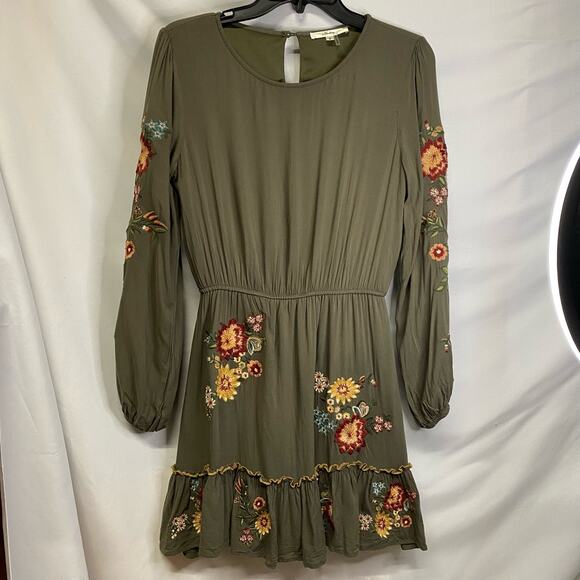 Andree by Unit Small  Olive Long Sleeve Embroidered Waist Mini Dress - Picture 1 of 5